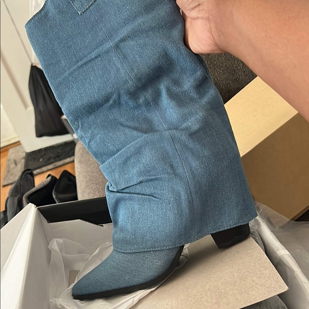 Fashion Nova Blue Denim Heeled Boots